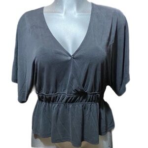 Lucky Brand Fairy-Grunge Black Wrap Blouse Top V Neck Peplum Loose Fit Sz Medium